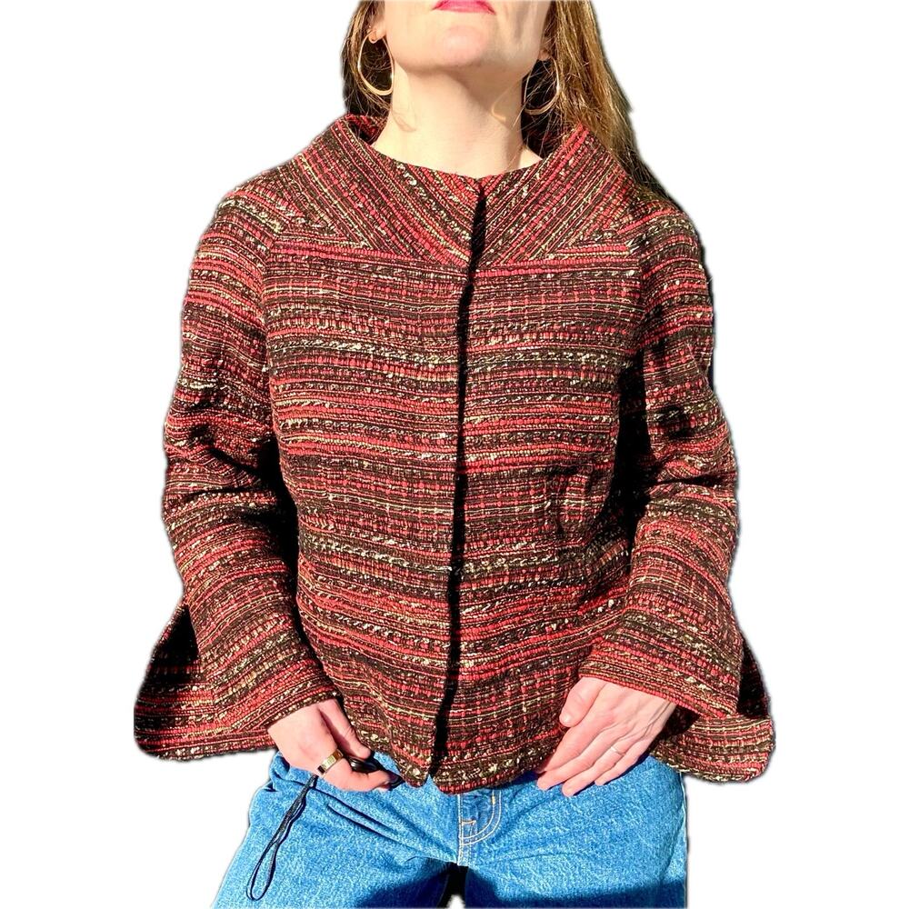 Woven Wool Boucle Jacket Rare Style Sz 12 Large Tailored Swing Coat Ellen Tracy